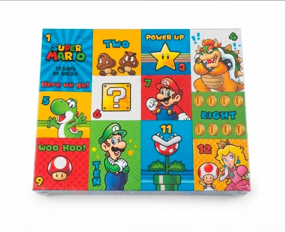 Nintendo Super Mario 12 Days of Socks" Advent Calendar Set. Shoe Size 4-10